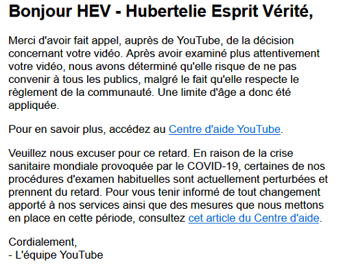 Appel rejeté de Youtube pour une limitation d'âge