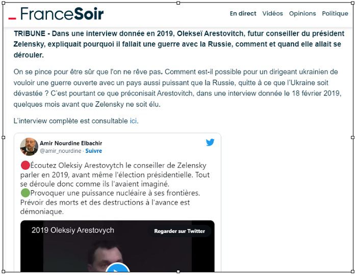 Aveu d'un conseiller de Zelensky que la Russie a été poussée à la guerre