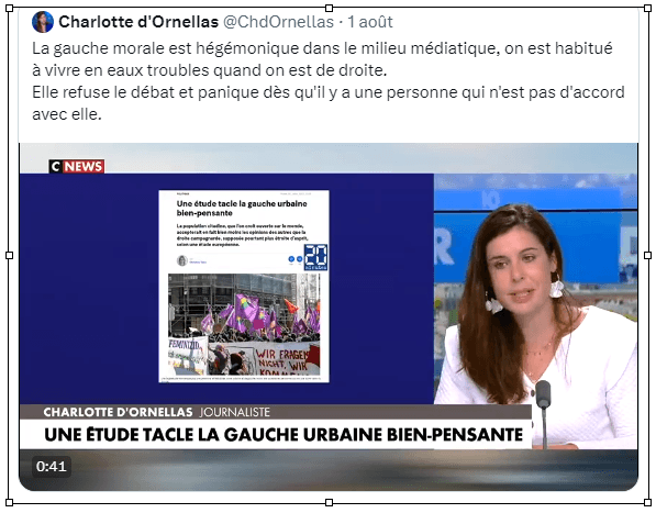 Tweet de Charlotte d'Ornellas du 01 août 2023 sur la gauche urbaine